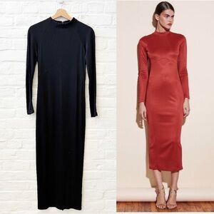 Fleur Du Mal || Slinky Long Dress Long Sleeve Mock Neck Midi Black Small